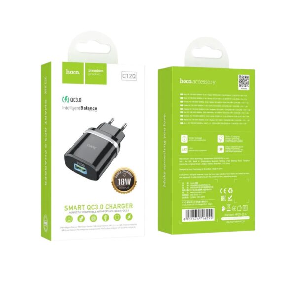 Мережевий зарядний пристрій HOCO C12Q Smart QC3.0 charger 18W Black